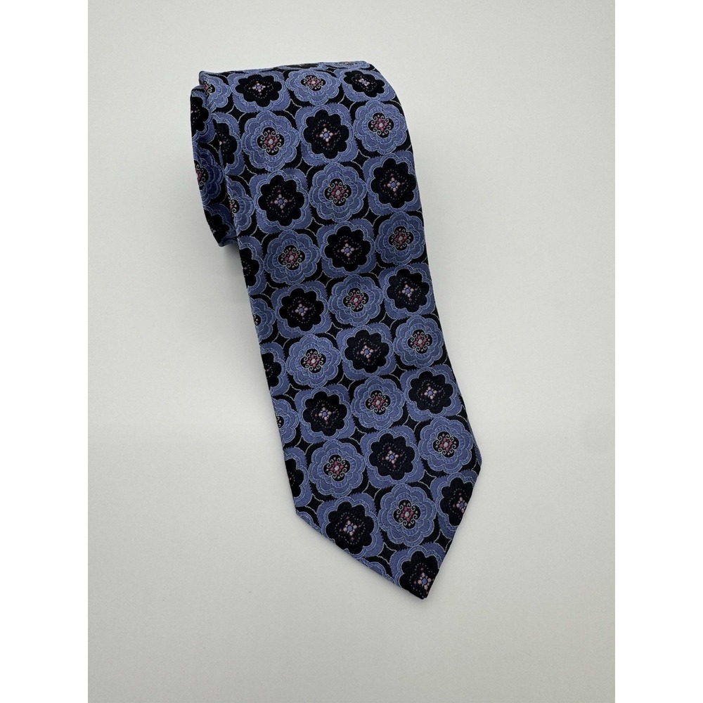 Altea Milano Silk Tie Blue Black Floral Medallion Pattern Made in Italy